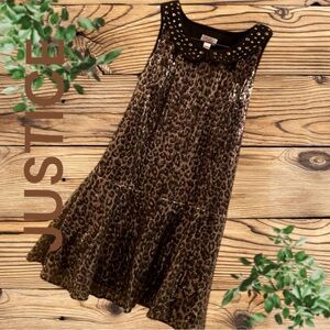Justice sequins girl’s Leopard print Dress SZ 14 Satin tie round studded collar